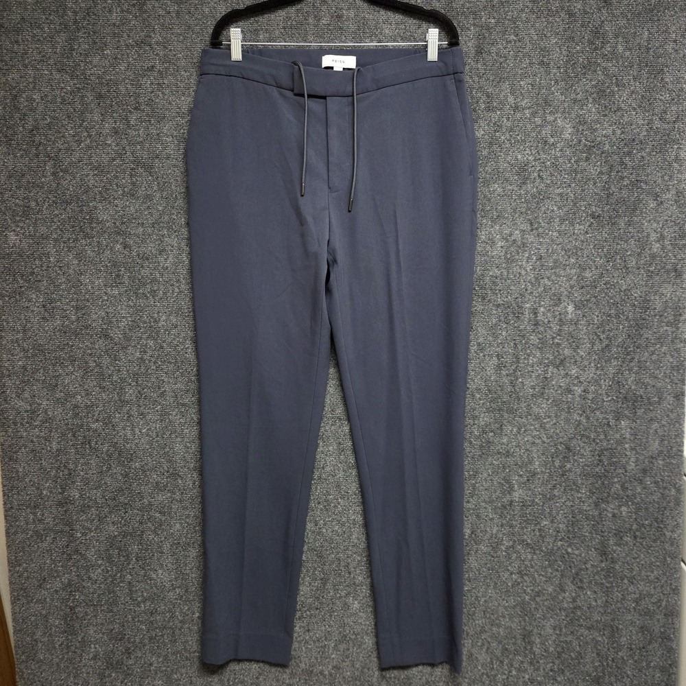 Reiss Pants Mens 34x31 Navy Blue Slim Fit Stretch Drawstring Trouser Flat Front